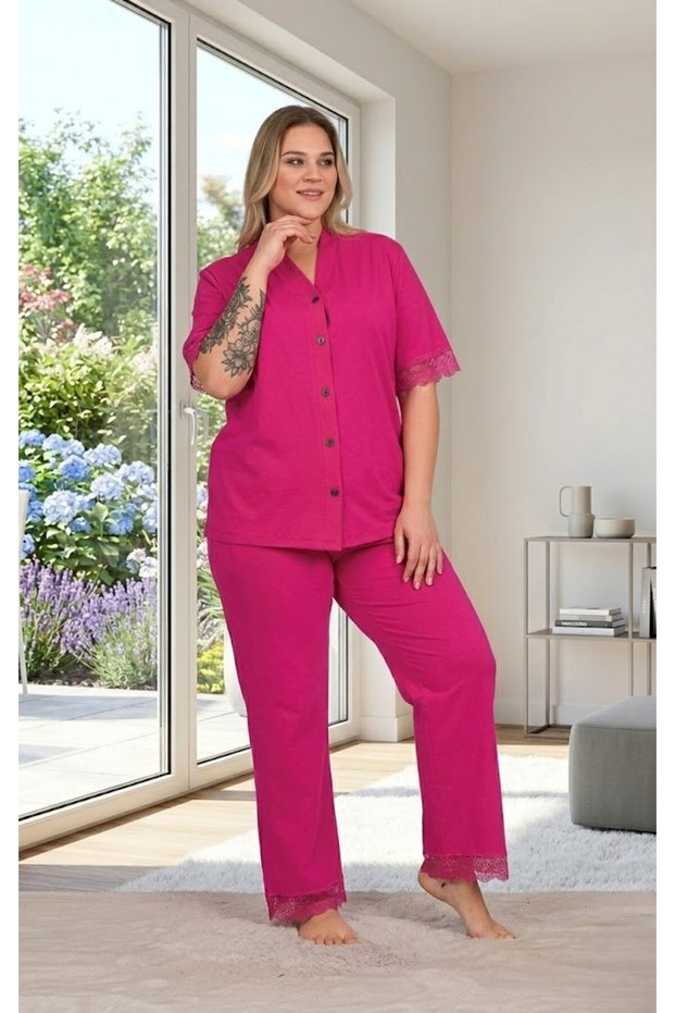 New Season Women's Pink Lace Piece Design Short Sleeve Summer Large Size (Oversized) Pajama Set