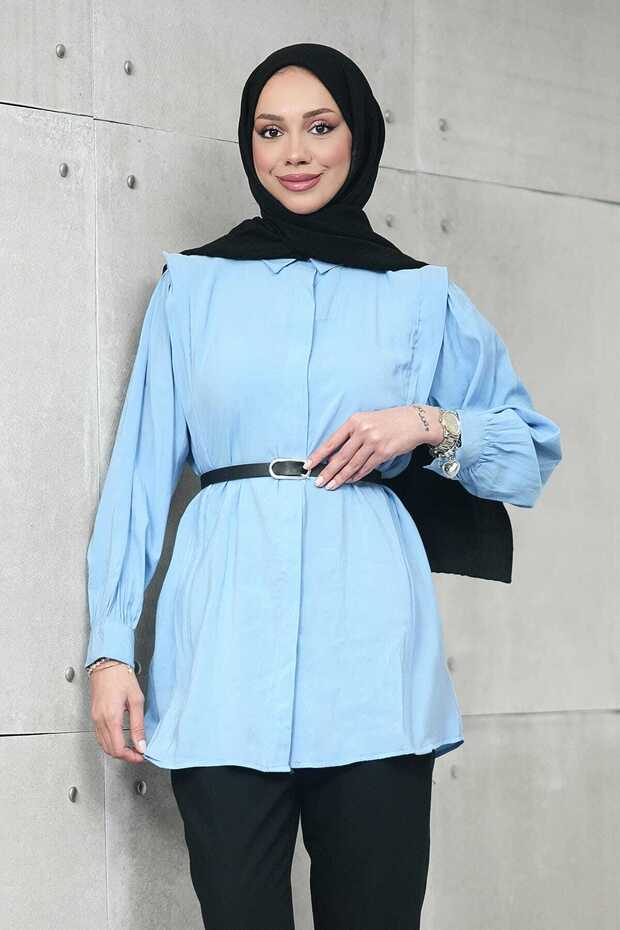 Baby Blue Hidden Placket Modal Woven Tunic with Waist Belt