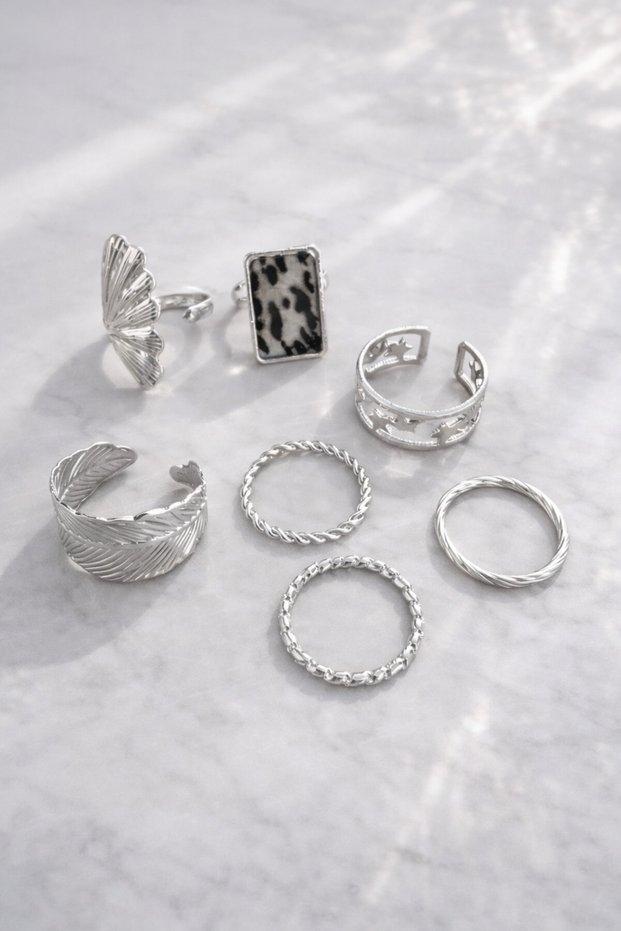 Vintage Style Golden Romance 7-Piece Ring Set Women's Silver Color