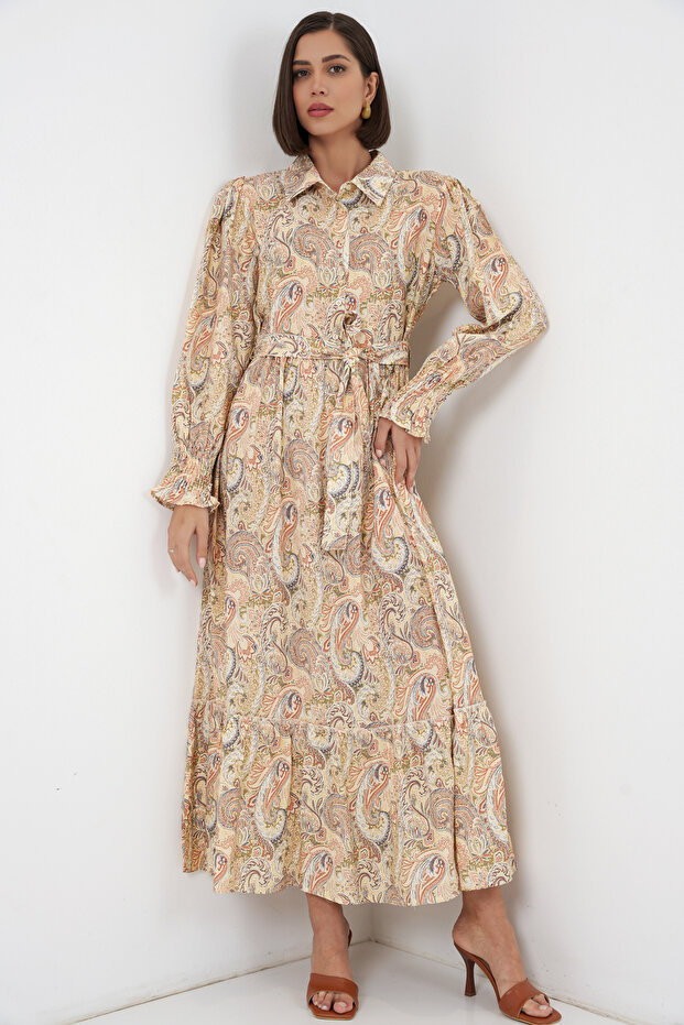 Women's Belted Hijab Dress 2589 - Yellow