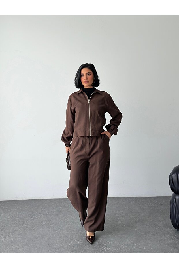 Zippered Jacket & Pleated Pants Set Rc9018