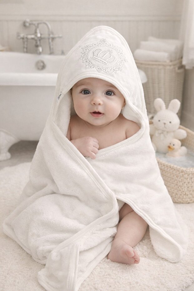 100% Cotton White Color Crown Patterned Baby Towel/Boy Baby White Crown Patterned Towel