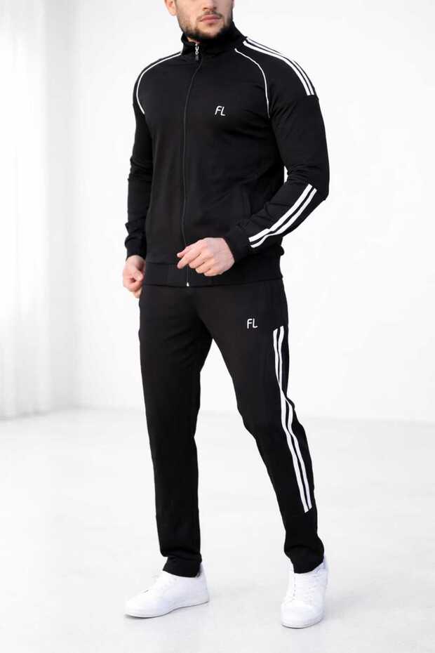 Men'S, Black Scuba Fabric Zippered Top and Bottom Tracksuit Set