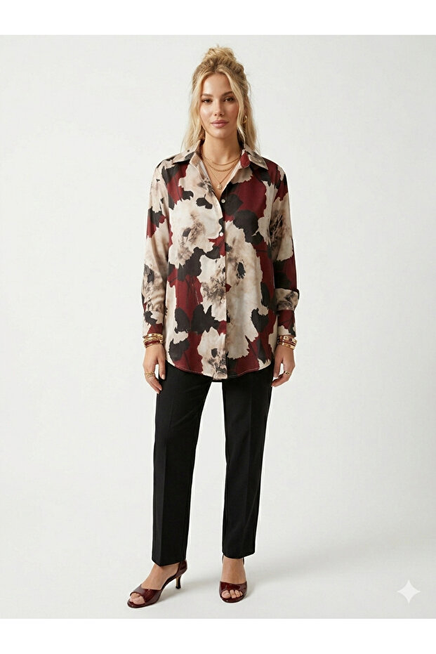 Women's satin shirt - classic collar, button-down front, cuffed long sleeves - style 4198