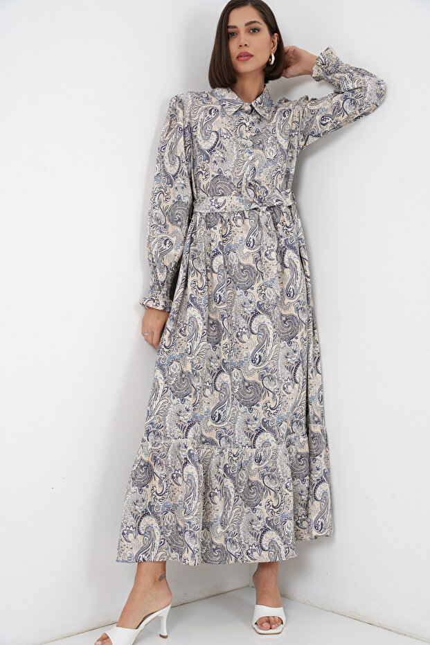 Women's Belted Hijab Dress 2589 - Stone