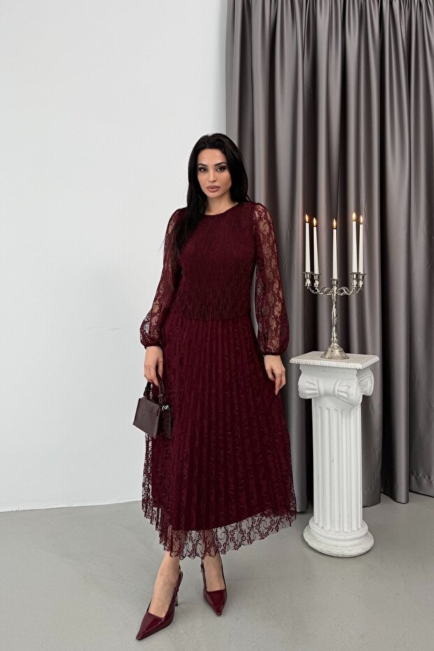 Burgundy Lace Embroidered Pleated Layered Dress
