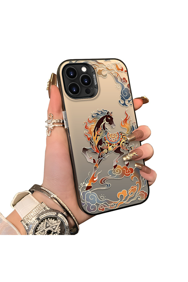 iPhone 12 Pro Max Compatible Hard Acrylic Back Silicone Edge Lens Protection Case Horse Patterned