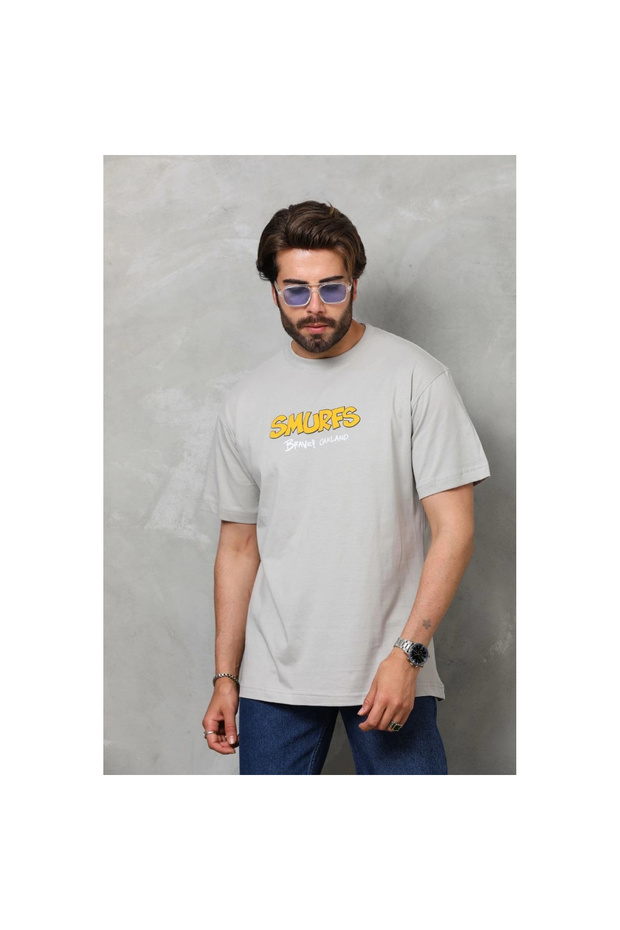 تي شيرت بيسك كولور كولار قصة فضفاضة - رمادي - - 1