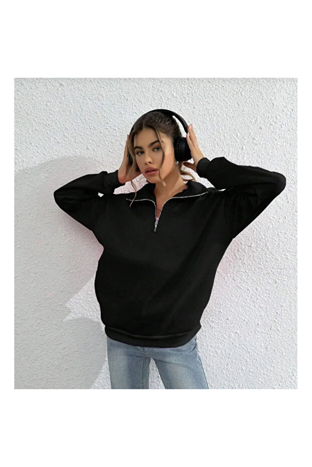 سترة رياضية أساسية بأكمام طويلة وياقة نصفية - أسود - - 4