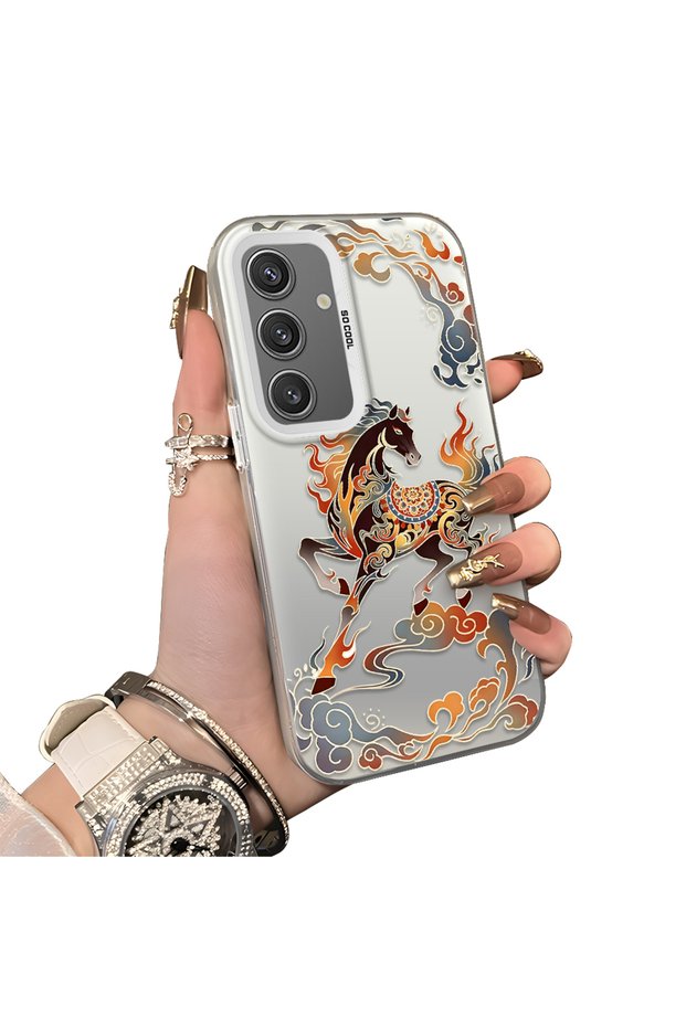 Samsung Galaxy S24 Compatible Hard Acrylic Back Silicone Edge Lens Protection Case Horse Patterned