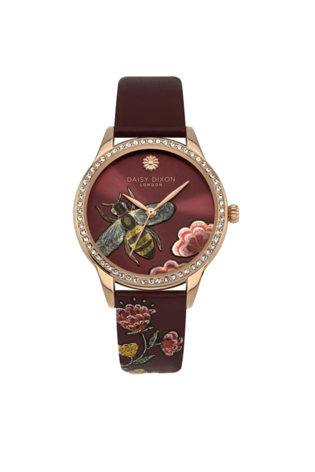 Quartz Wrist Watch Deep Red Strap With Floral Print Lily #27