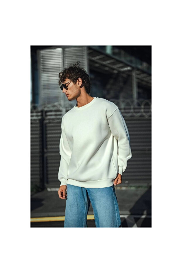 Winter Crew Neck Three Yarn Basic Sweatshirt - White - - 2