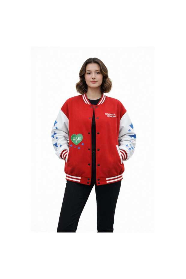 سترة جامعية حمراء من نوع مطبوع قصة فضفاضة - حمراء - 4