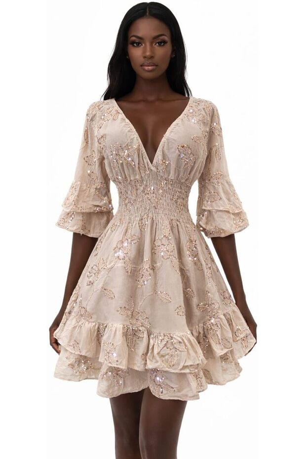 Women’s Floral V-Neck Mini Dress – Elegant Ruffle Sleeve, Smocked Waist, Flowy A-Line Summer Par