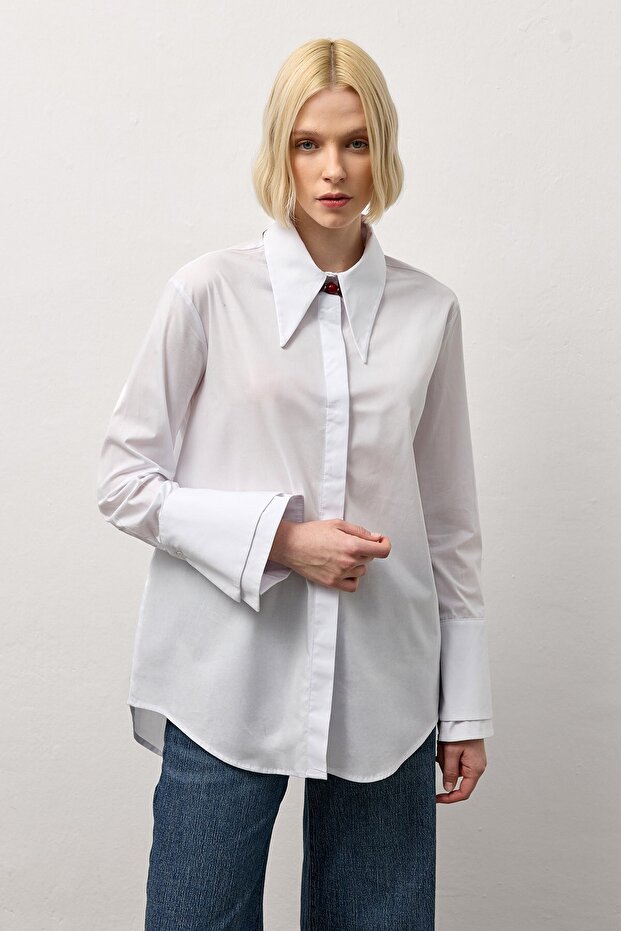 Beyaz Çift Manşetli Regular Gömlek - 3