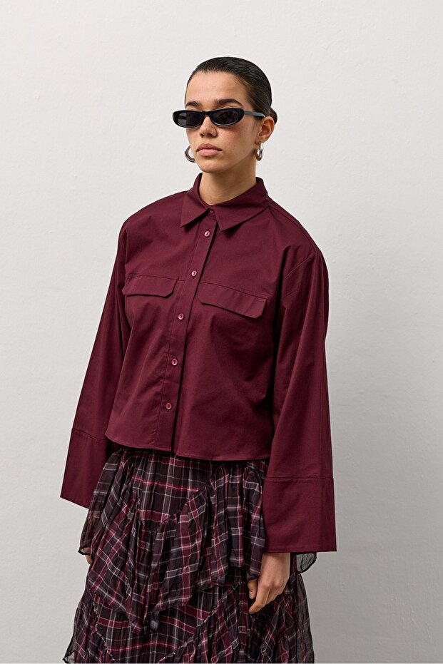 Bordo Geniş Kol Mini Gömlek - 2