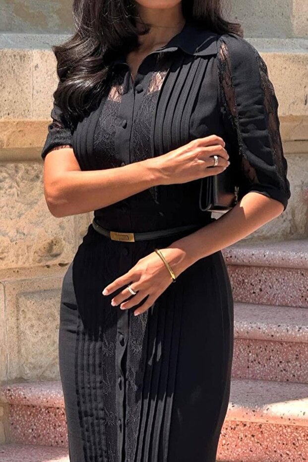 Dantel Detaylı Astarlı Tasarım Elbise - 3