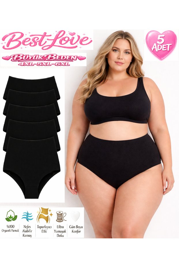 Women's Panties, Women's Plus Size High Waist Bato Panties 5-Pack Black