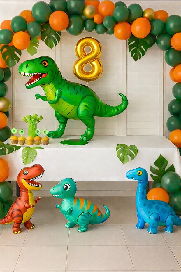 🦖 Dinosaur Jungle Themed Gold Numbered Birthday Concept Party Set Decoration 4 Foil Dinosaurs