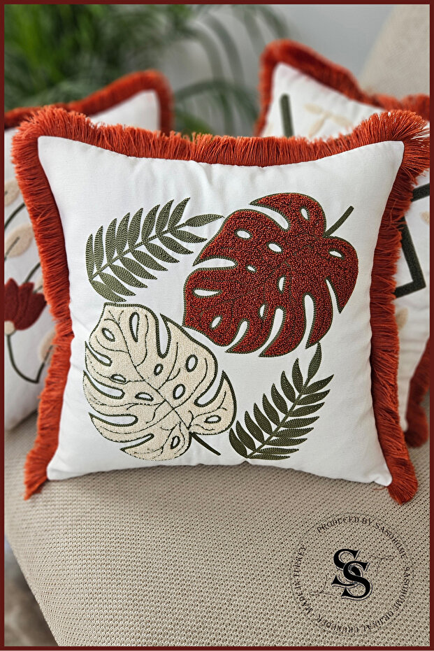 Beauty Flowers Punch Embroidered Patterned Linen Cushion Cover