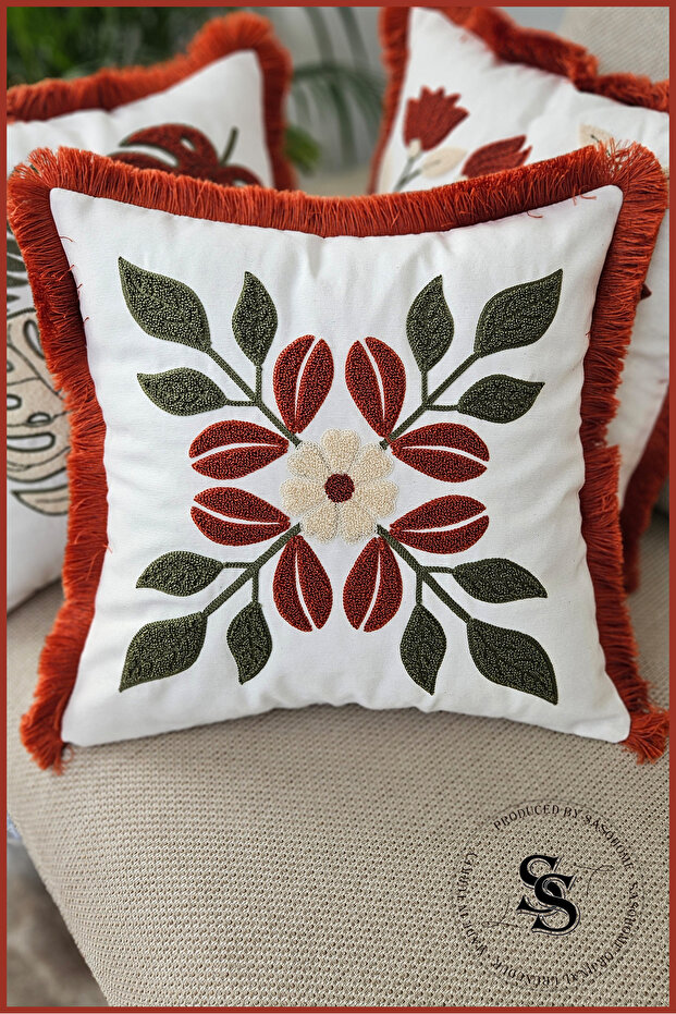 غطاء وسادة كتان Beauty Flowers بنقشة مطرزة بتقنية Punch