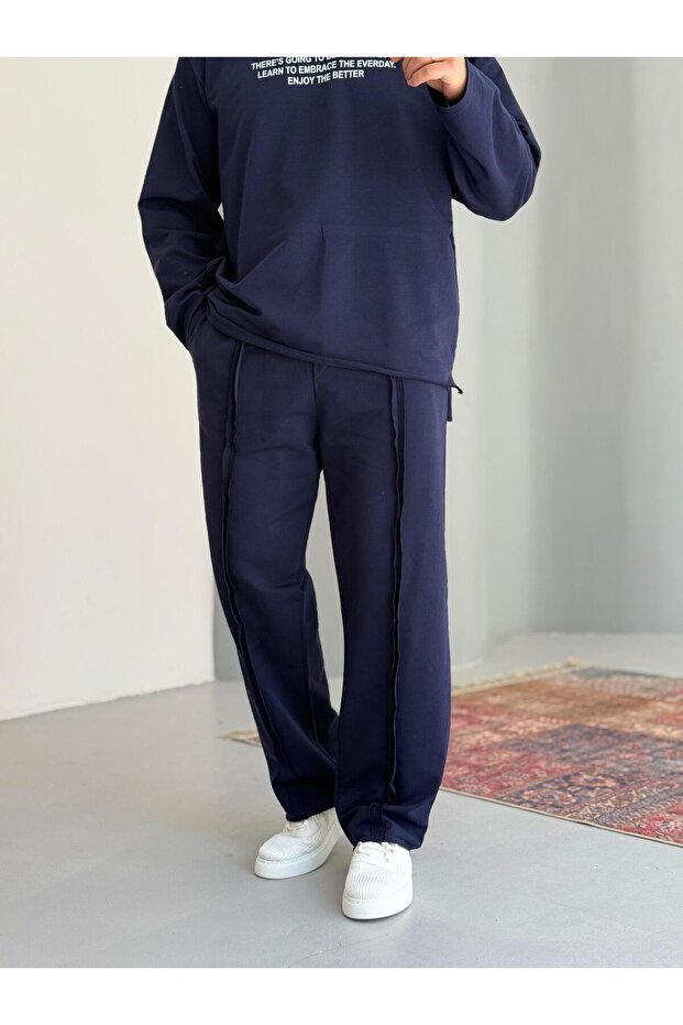 Seam Detail 100% Cotton Navy Blue Sweatpants