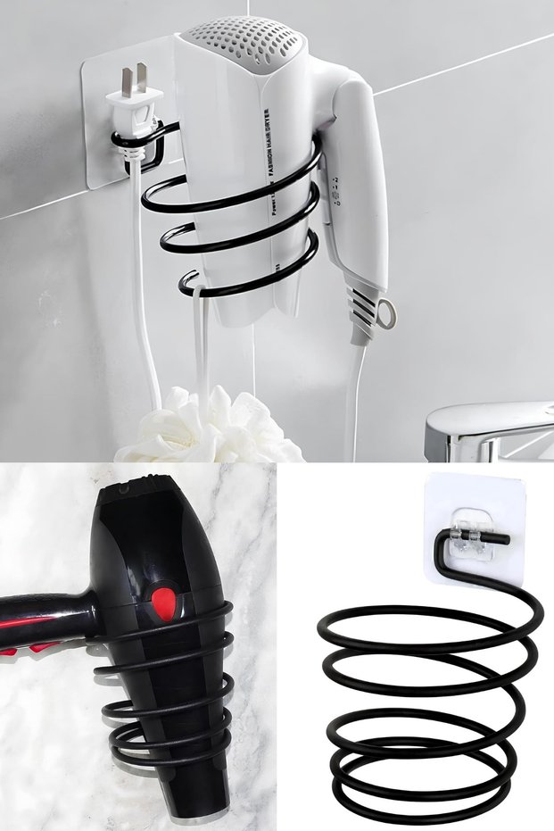 Strong Adhesive Hair Dryer Holder Bathroom Blow Dryer Hanger Matte Black Stainless Design