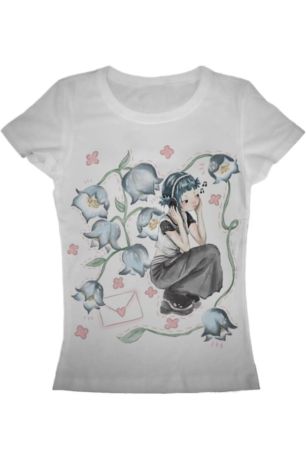 Japanese Style Hand-Drawn Blue Bell Flower Girl T-Shirt