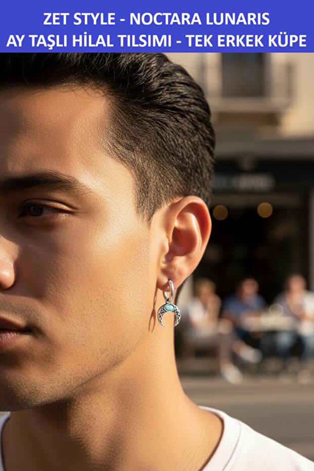 Zet Style–"Noctara Lunaris" Moonstone Crescent Talisman Men's Single Earring -Stainless Steel
