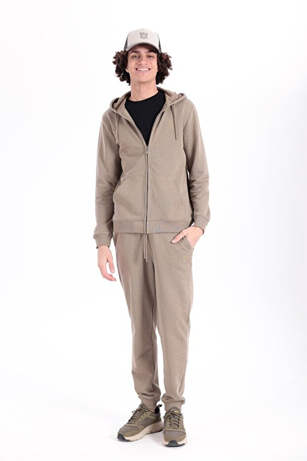 Hooded Regular Fit Khaki Cardigan with Front Zipper