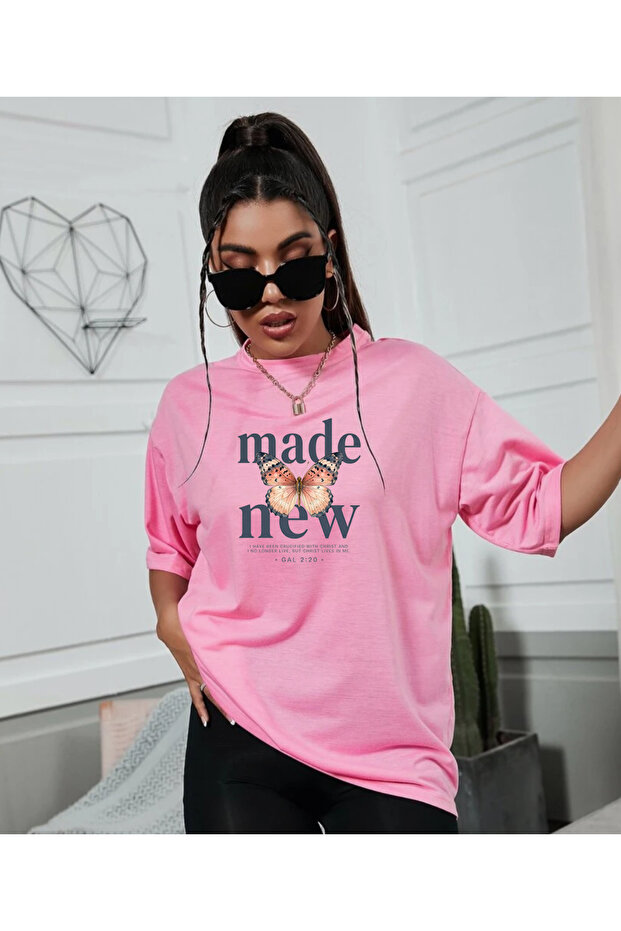 Kelebek Printed Oversized Crew Neck Short Sleeve Summer Women's Combed Cotton Tshirt