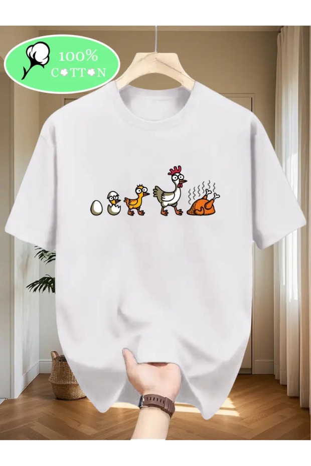 تي شيرت برقبة دائرية كبير الحجم للجنسين من Chicken Cycle مطبوع