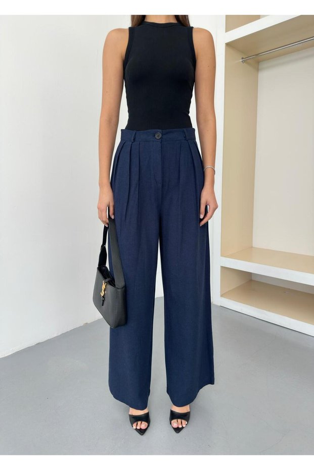 New Season Sweat-Proof 100% Linen Fabric Three-Pleated Wide-Leg Wide Padetted Palazzo Pants