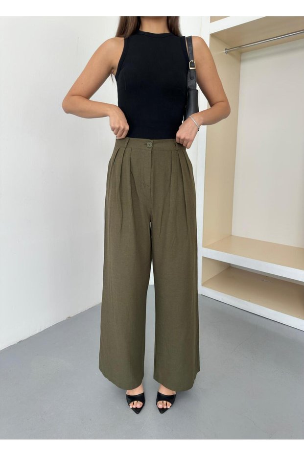 New Season K Linen Fabric Three-Pleated Bridged Wide-Legged Wide Leg Palazzo Pants