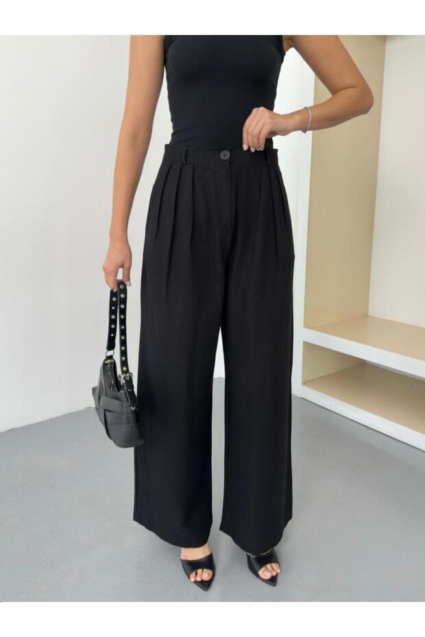 New Season Sweat-Proof 100% Linen Fabric Three-Pleated Wide-Leg Wide Padetted Palazzo Pants