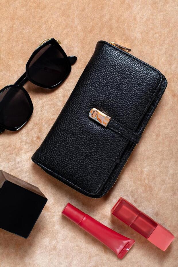 Women's Black Phone Case with Compartment Faux Leather Wallet
