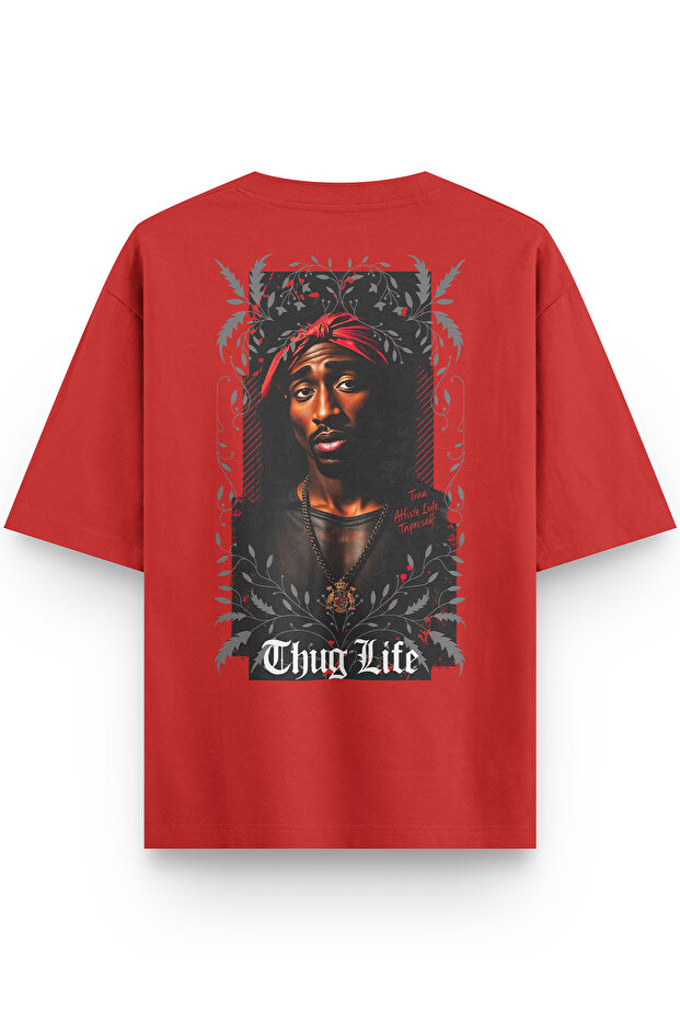 تي شيرت TuPac 2pac Back مطبوع نصف كبير الحجم باللون الأحمر 1407