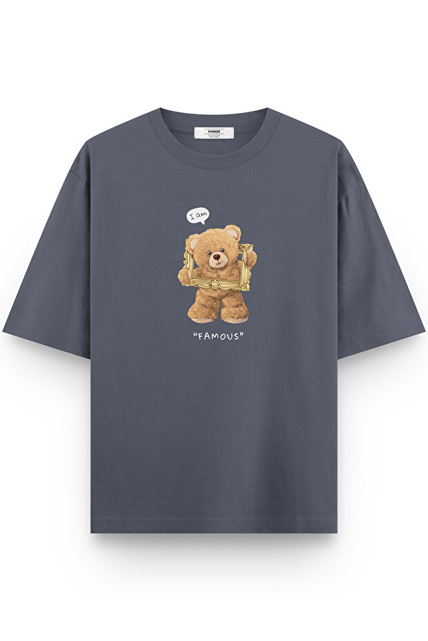 Teddy Bear I'M Famous Printed Yarı Oversized Füme T-Shirt 1140