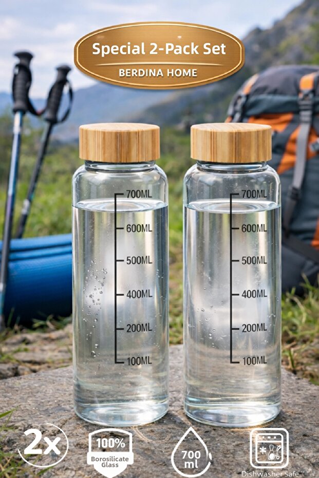 2-Pack Pureglass Borosilicate Glass Flask with Bamboo Lid and Vacuum Lid Water Bottle Portable Water Container