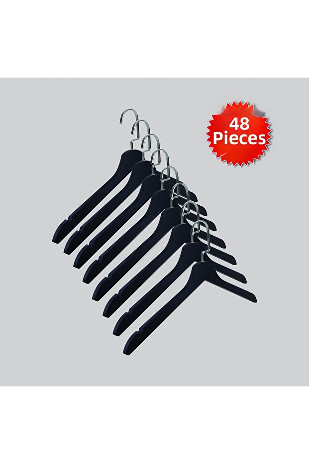 Wooden (Lama Silver Hook) Clothes, Blouse, Shirt Hangers Black Color 48 Pieces