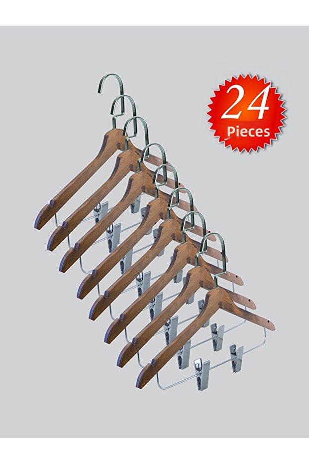 Wooden (Lama Silver Hook) Latch Hanger for Shirts and Skirts, Walnut Color, 24 Pieces