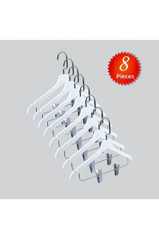 Wooden (Lama Silver Hook) Latch Shirt and Skirt Hanger White Color 8 Pieces