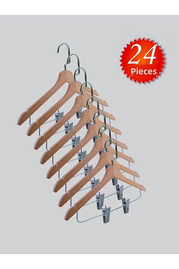 Wooden (Lama Silver Hook) Latch Shirt and Skirt Hanger Natural Color 24 Pieces
