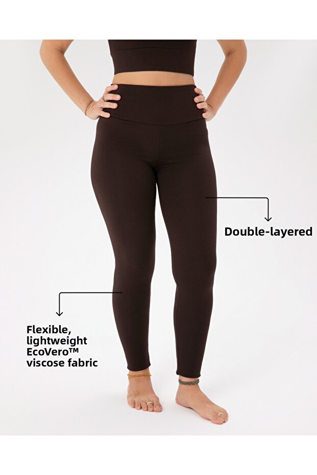 Brown Double Layer High Waist Basic Ecovero ™   Viscose Tights - 1