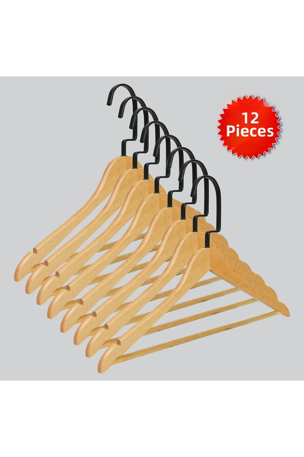 Wooden (Lama Black Hook) Bar Hangers for Shirts and Trousers, Natural Color, 12 Pieces
