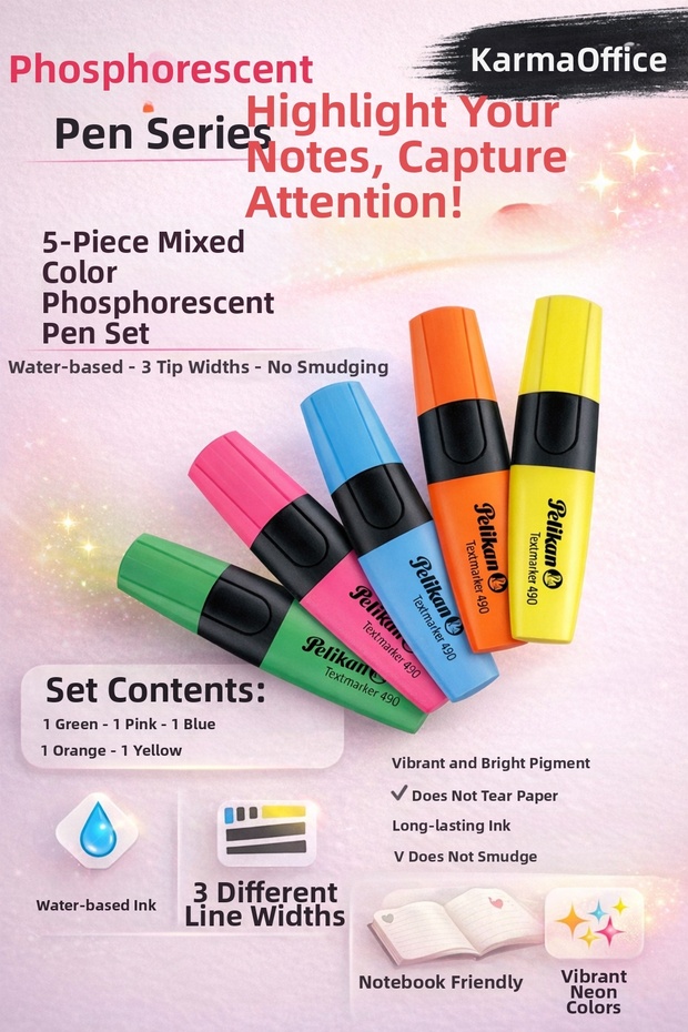 Set of 5 Vibrant Color Highlighters | Water Based, 3 Tip Widths