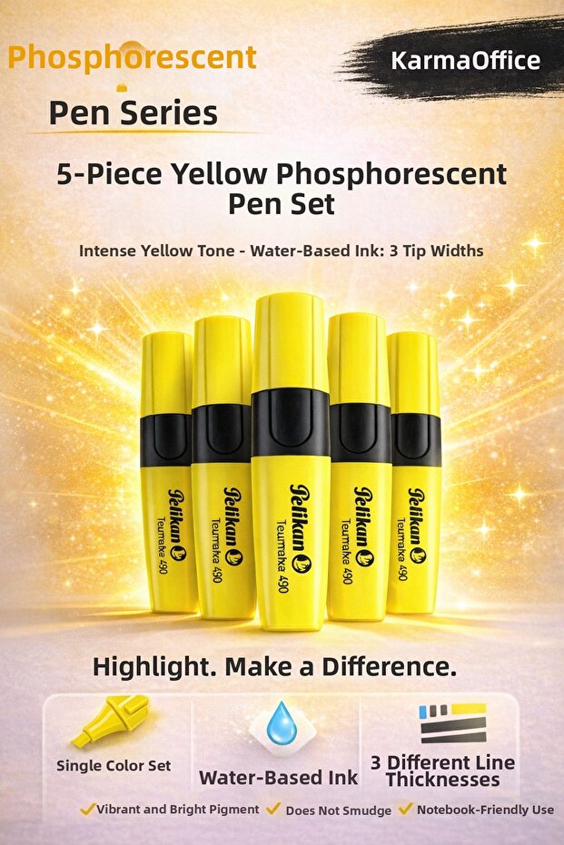 Set of 5 Yellow Highlighter Pens – Water-Based, 3 Tips, Intense Pigment