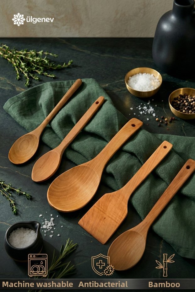 5-Piece Bamboo Wooden Spoon Set, Rice, Sauce, Measuring and Baby Spoon, Spatula Wooden Kitchen Set, For Bridal Trousseaux