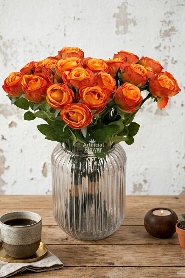 Artificial Flower 9-Piece Polite Luxury Gonca Rose Branch Bunch 35 cm Orange