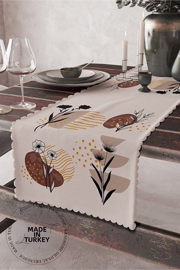 Spring Flowers Patterned Brown Lines Patterned Digital Printed Decorative Runner - 6